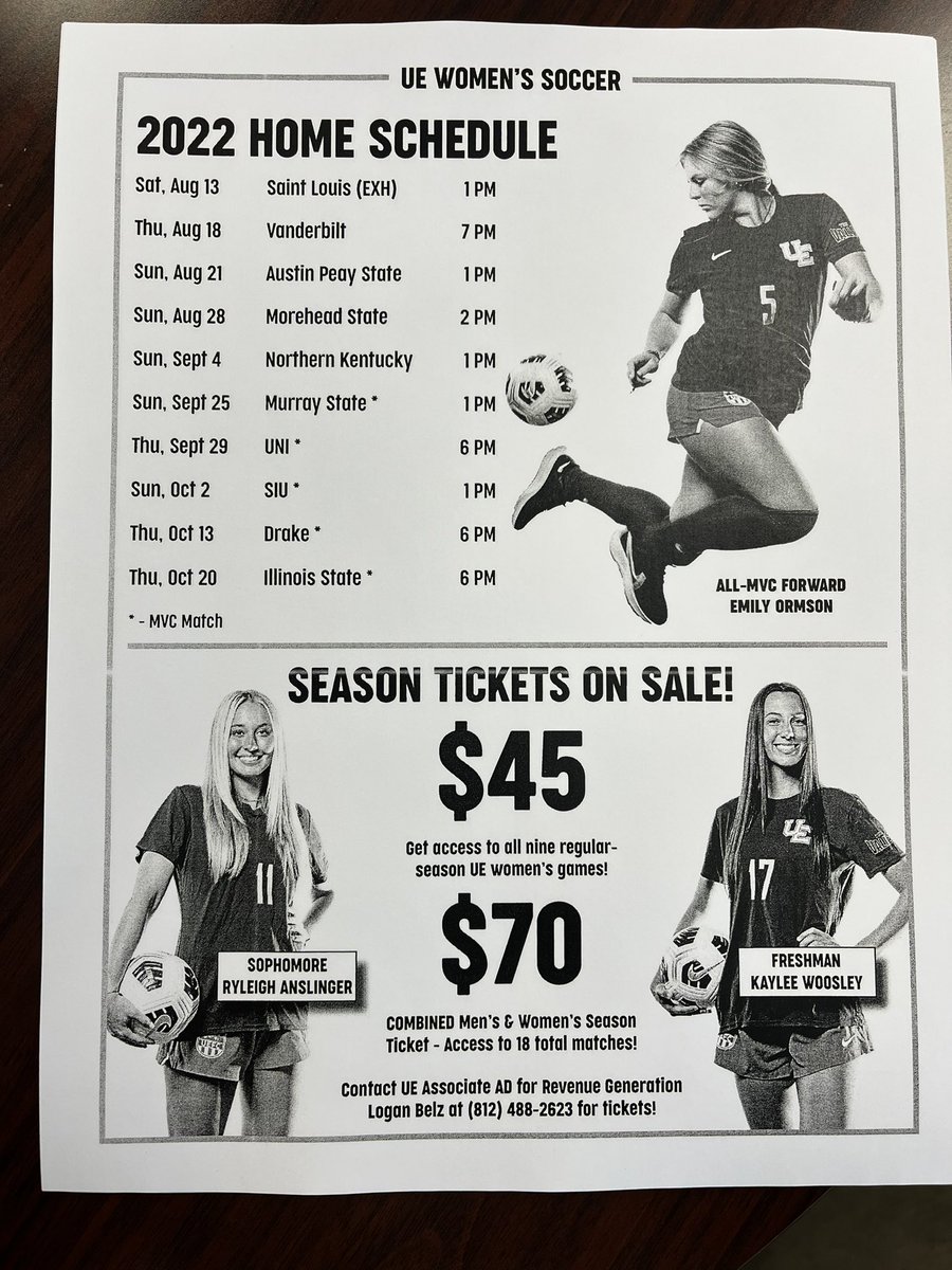 Come up to the sales table this weekend at our <a href="/UEAthleticsWSOC/">Evansville Women's Soccer</a> game vs. SLU and take one of these awesome flyers! 

Thanks @TomBenson_UE for making these so quickly! 

Call me to get your 🎟🎟 today! 812-488-2623! 

Go Aces! ⚽️🟣🟠