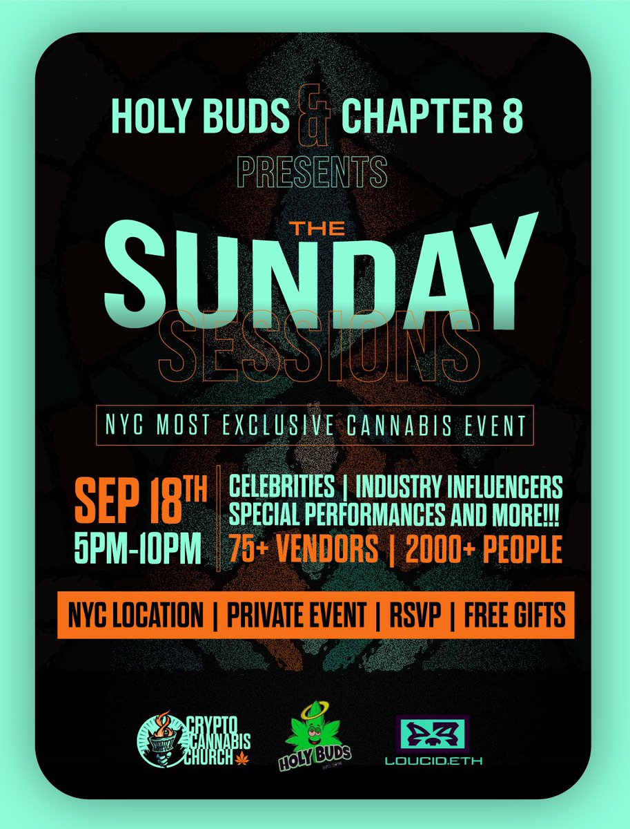 LoucidCo's tweet photo. ⛪️ @Chapter8CCC presents Sunday Sessions with #HolyBuds
🗽 Sunday Sep 18
You’re not gonna wanna miss this! 🔥🔥
#nyc #ny #nyevents #chapter8ccc #NewYork #Church #cannabis #cannabisny https://t.co/hUJcUWMKka