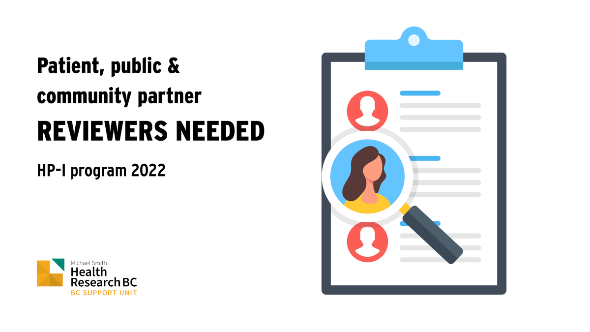 We’re looking for experienced patient, public and community partners to review health research funding applications. Apply by Sep 7: bit.ly/reviewerHPI <a href="/HlthResearchBC/">Michael Smith Health Research BC</a> #patientpartner #patientengagement #PPI #PE