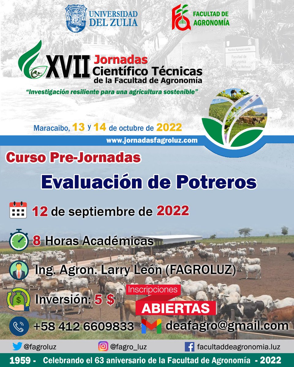 DEA_FagroLUZ's tweet photo. #CursosPre-Jornadas 
"Evaluación de Potreros""
.
Facilitador: 
Ing. Agr. Larry León
(Docente de FagroLUZ)
.
Fecha: 12/9/2022
8 horas académicas
Inversión: 5 $ 
.
.
📌 Información: 
📳 0412-6609833 
✏️ deafagroluz@gmail.com
.
.
.
#cursos #potreros #productor #ganadero  #academia https://t.co/4GAgFTfNma