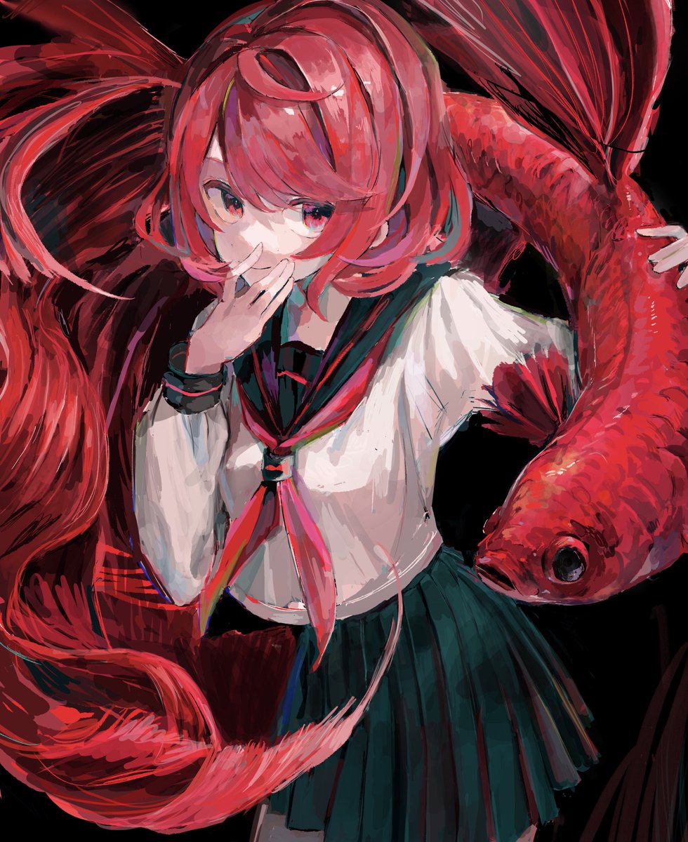 1girl skirt school uniform serafuku fish solo red hair  illustration images