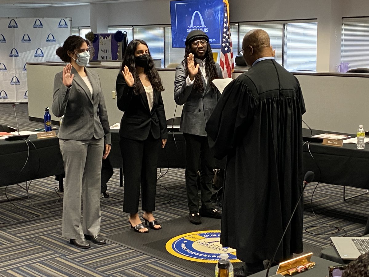 SLPS_INFO's tweet photo. Welcome to our new student Board of Education members!  Laila Alhajeri of Collegiate High School, Sonali Sharma of Metro High School, and Rayquan Strickland of Central VPA High School. https://t.co/m3MGickeEY
