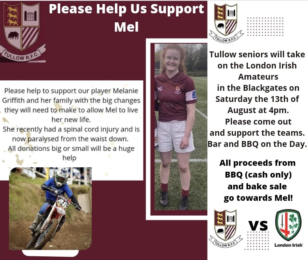 A great day ahead on Sunday with @londonirish amateurs playing @TullowRFC . Kick off is @4pm. Please come out and support. All proceeds from our BBQ and cake sale will go towards Tullow RFC player Melanie Griffith and her family.