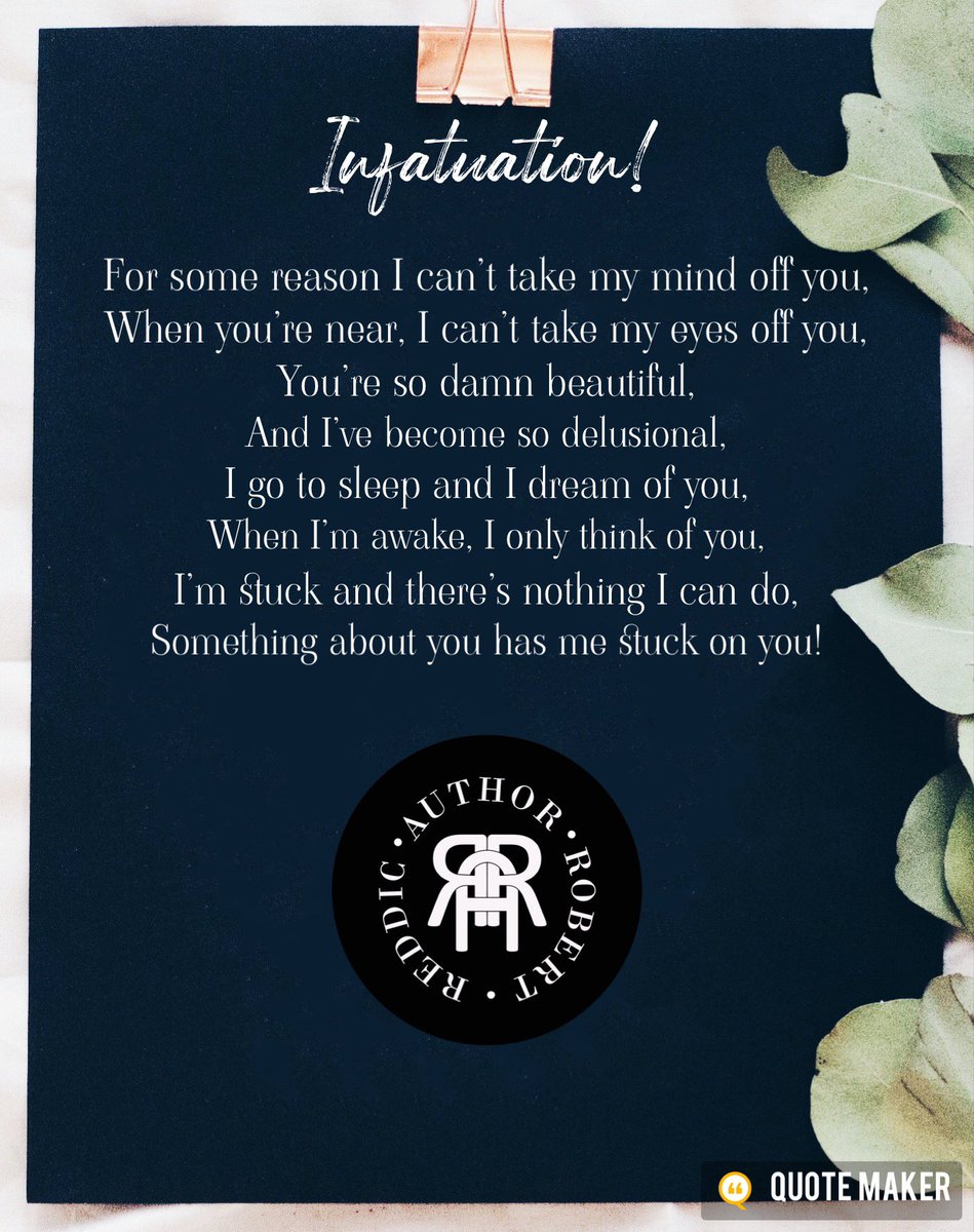 AuthorReddic's tweet image. Infatuation!

Do you ever find yourself stuck on someone? Someone you might not even know well? Someone that may not know you exist?

#Infatuation #Infatuated #FalseLove #Feelings #SpokenWord #PoemOfTheDay #PoemForToday #TodaysPoem #PoemKing #PoetRobertReddic #AuthorRobertReddic
