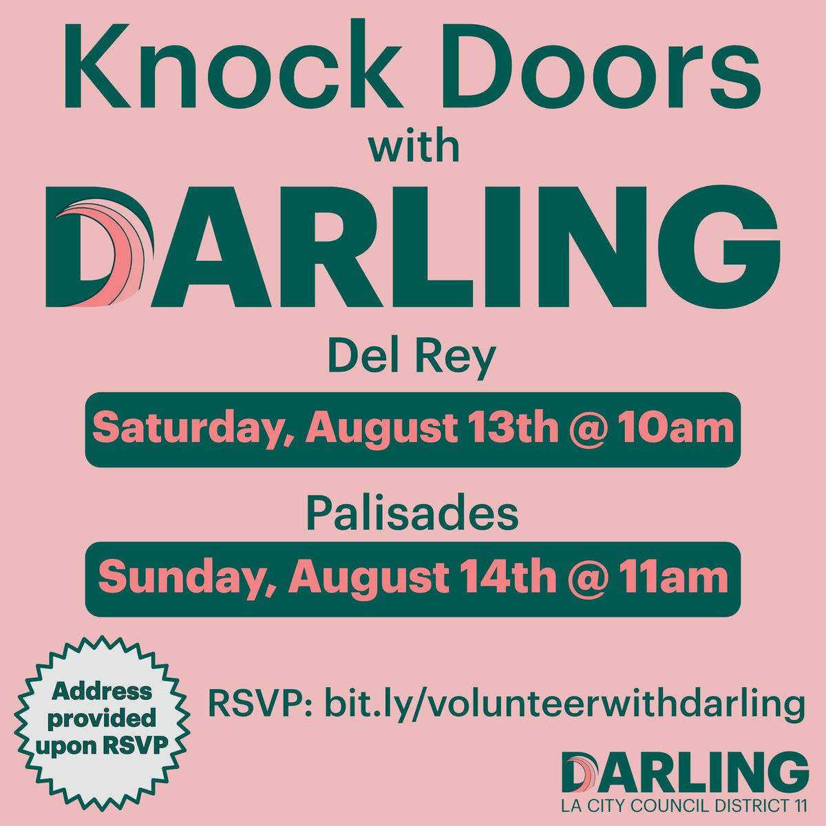 WestsideDarling's tweet photo. .@GenZForDarling is activated and so are we!

Please join us this weekend to knock doors on Saturday in Del Rey, and on Sunday in the Palisades! 

RSVP: https://t.co/oTehkIu45y https://t.co/EzVfeQOVf6