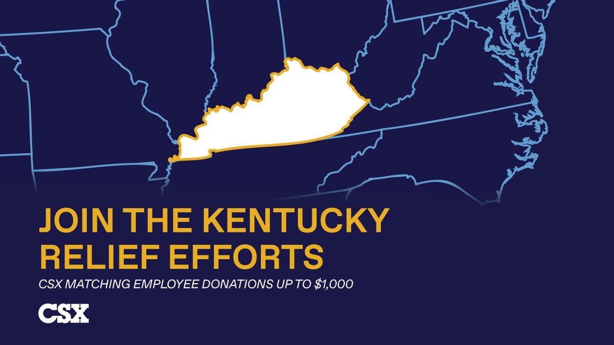 Eastern Kentucky is home to many CSX families, and we are supporting the flood relief effort by contributing to the <a href="/RedCross/">American Red Cross</a>, Team Eastern Kentucky, and the <a href="/KentuckySteam/">Kentucky Steam Heritage Corp.</a> Heritage Corp., and by matching employee donations of up to $1,000. Learn more: bit.ly/3zPoDWZ