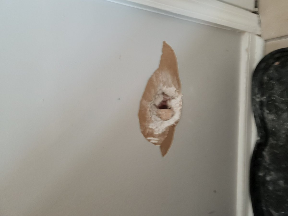 My dog sucks at sheetrock repair. He's knows the house rules tho, you break it you pay to fix it or DIY it. And then pay someone else to fix the DIY. His crates listed on AirBNB now includes food bowl access.