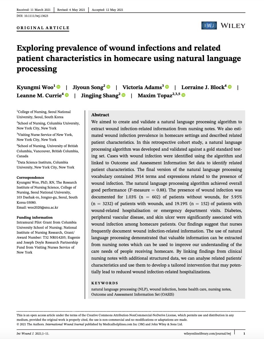 Exploring prevalence of wound infections and related patient characteristics in homecare using natural language processing. onlinelibrary.wiley.com/doi/epdf/10.11… #SOUTHKOREA #homecare