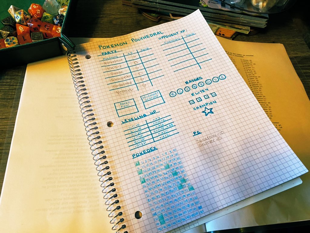 BirbRollsDice's tweet photo. Set up a little tracking page for playing Pokémon Polyhedral by marchcrow (available on https://t.co/iBws98uWzX). Please ignore my awful star under the Champion. Lol
#solorpg #microrpg #ttrpg https://t.co/dit1LmILC6