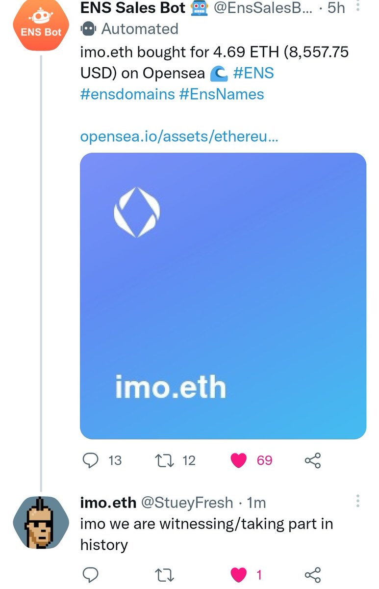 Sold imo.eth earlier

New owner instantly put it in his Twitter name and have started every tweet since with "imo"

Makes me even happier with the sale

Clean 3l ens + punk pfp also hits hard af