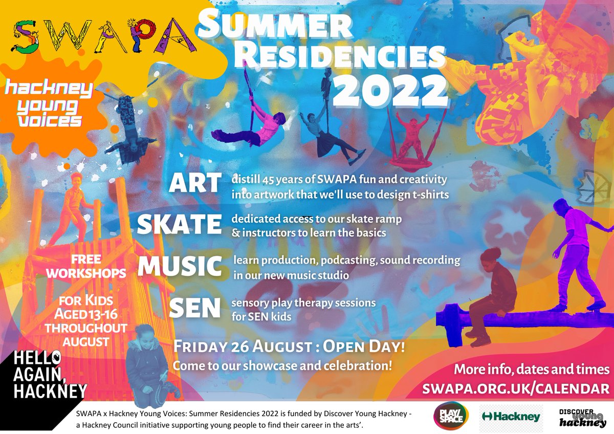 Aged 13-16? Looking for an artistic opportunity this summer? Don’t miss the free Art, Music, Skateboarding, and SEN Play sessions at <a href="/SwapaAdventure/">𝕊𝕎𝔸ℙ𝔸_ N16</a>! 16-19-year-olds can apply to volunteer at sessions 
Sign up here: bit.ly/DYHEvents 
<a href="/younghackney/">Young Hackney</a> @HackneyCouncil #DYH22