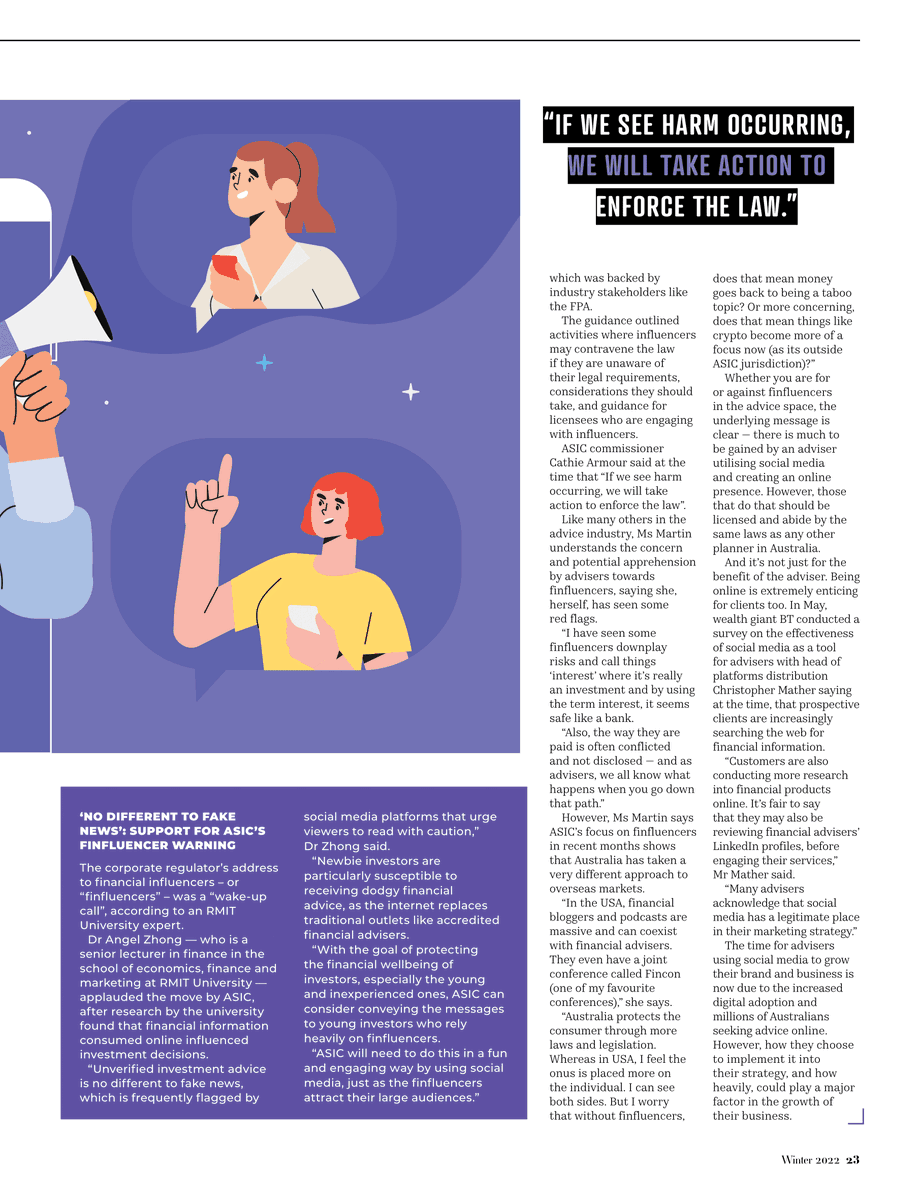 The corporate regulator's address to financial influencers - or '#finfluencers' was a "wake-up call" says <a href="/RMIT/">RMIT University</a> #finance academic Associate Professor <a href="/AngelZhong17/">Angel Zhong</a> in the recent issue of <a href="/IFA_AU/">IFA Magazine</a> magazine <a href="/ResearchRMIT/">RMIT Research</a>