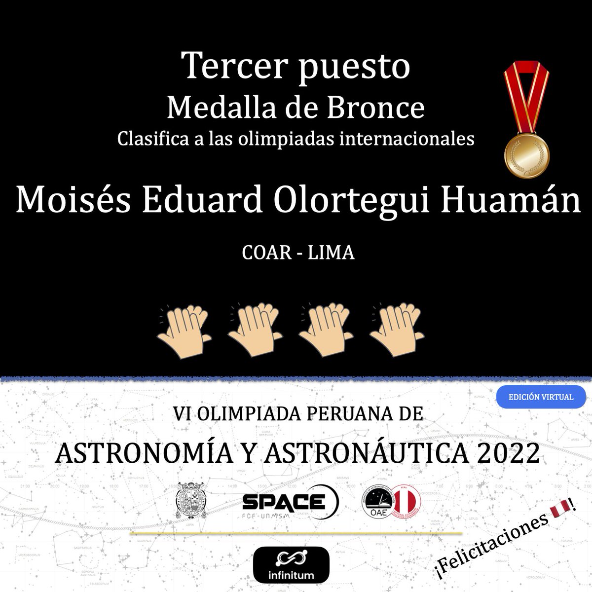 spaceUNMSM's tweet photo. (1/2)🥳Moisés Olortegui, del colegio COAR Lima @coarinos_ y estudiante de #AstroClases 2022 de #SPACE_UNMSM, gana medalla de bronce y clasifica representando al Perú a la Olimpiada Latinoamericana de Astronomía y Astronáutica - Panamá 2022.
¡Felicitaciones Moisés🇵🇪! https://t.co/ou0710BLDl