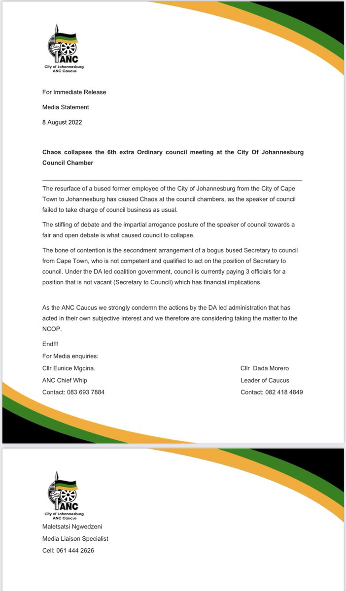 [Read] For Immediate Release 

MEDIA STATEMENT:
Chaos collapses the 6th ordinary council meeting at the City of Johannesburg Council Chamber.