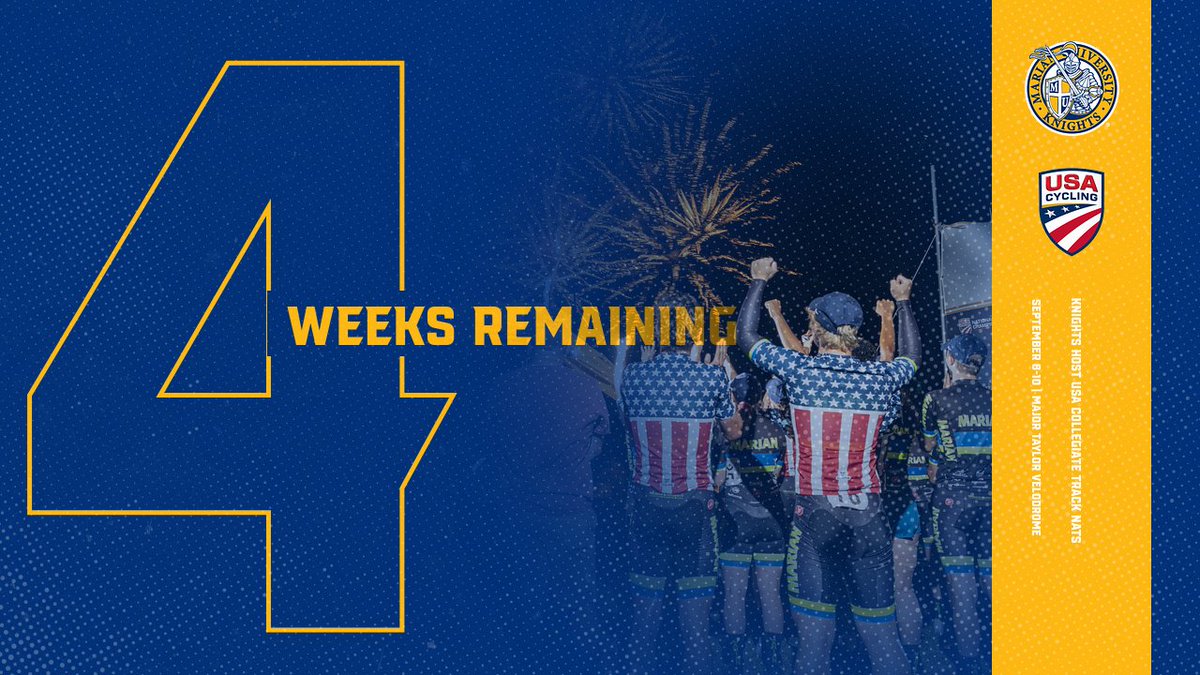 Marian Knights (@muknights) on Twitter photo 4 MORE WEEKS!!
Gear up Knight fans, we are just four weeks away from the <a href="/USACcollegiate/">USAC Collegiate</a> Track National Champions, hosted by the defending champs <a href="/MarianCycling/">MARIAN CYCLING</a>!
The action starts at the Major Taylor Velodrome on September 8! 4 MORE WEEKS!!
Gear up Knight fans, we are just four weeks away from the <a href="/USACcollegiate/">USAC Collegiate</a> Track National Champions, hosted by the defending champs <a href="/MarianCycling/">MARIAN CYCLING</a>!
The action starts at the Major Taylor Velodrome on September 8!