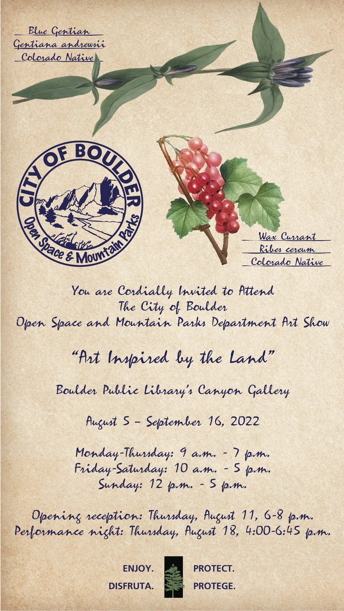 #Boulder friends (+non-Boulder friends who like me/#art/#parks/libraries enough to make the trek)!
Opening reception tomorrow (8/11 @ 6pm) for “Art Inspired by the Land,” an #OSMP-themed exhibit, at the Boulder Library Canyon Gallery. Let’s fist bump &amp; look at paintings together!