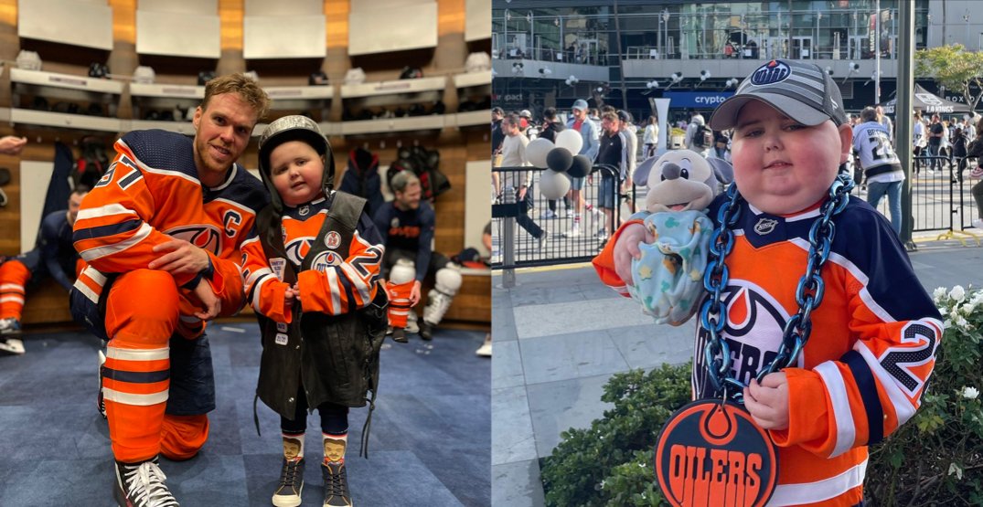 MagicPizza101's tweet photo. RIP to the cutest little guy i've ever seen in an Oilers jersey. life can be cruel and unfair and today's new is another reminder of that. thank you for everything, Ben. i'll never forget your laughter and joy of life. #GoneTooSoon #FxckCancer #LetsGoOilers #LetsGoBen โค๏ธ๐ https://t.co/gvFxkNKquq