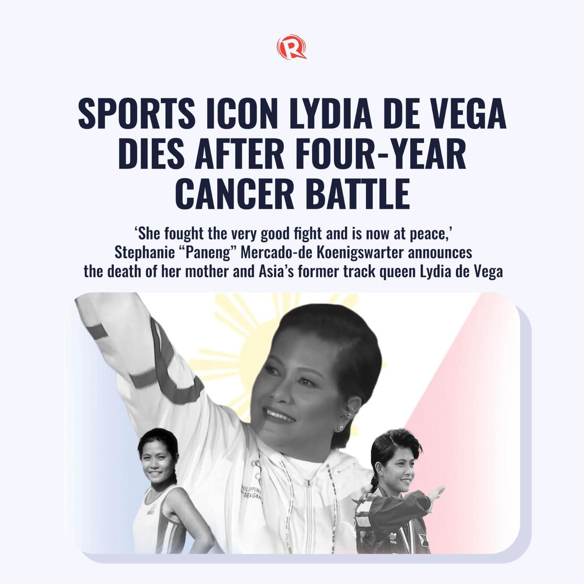 rapplerdotcom's tweet photo. Rest in peace, legend.

Philippine sports icon and track legend Lydia de Vega died on Wednesday, August 10, after a four-year battle with breast cancer. She was 57. https://t.co/QXsBgRd6Zr https://t.co/xpyeYjrBWd