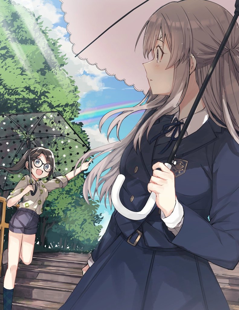 multiple girls 2girls umbrella glasses outdoors long hair brown hair  illustration images
