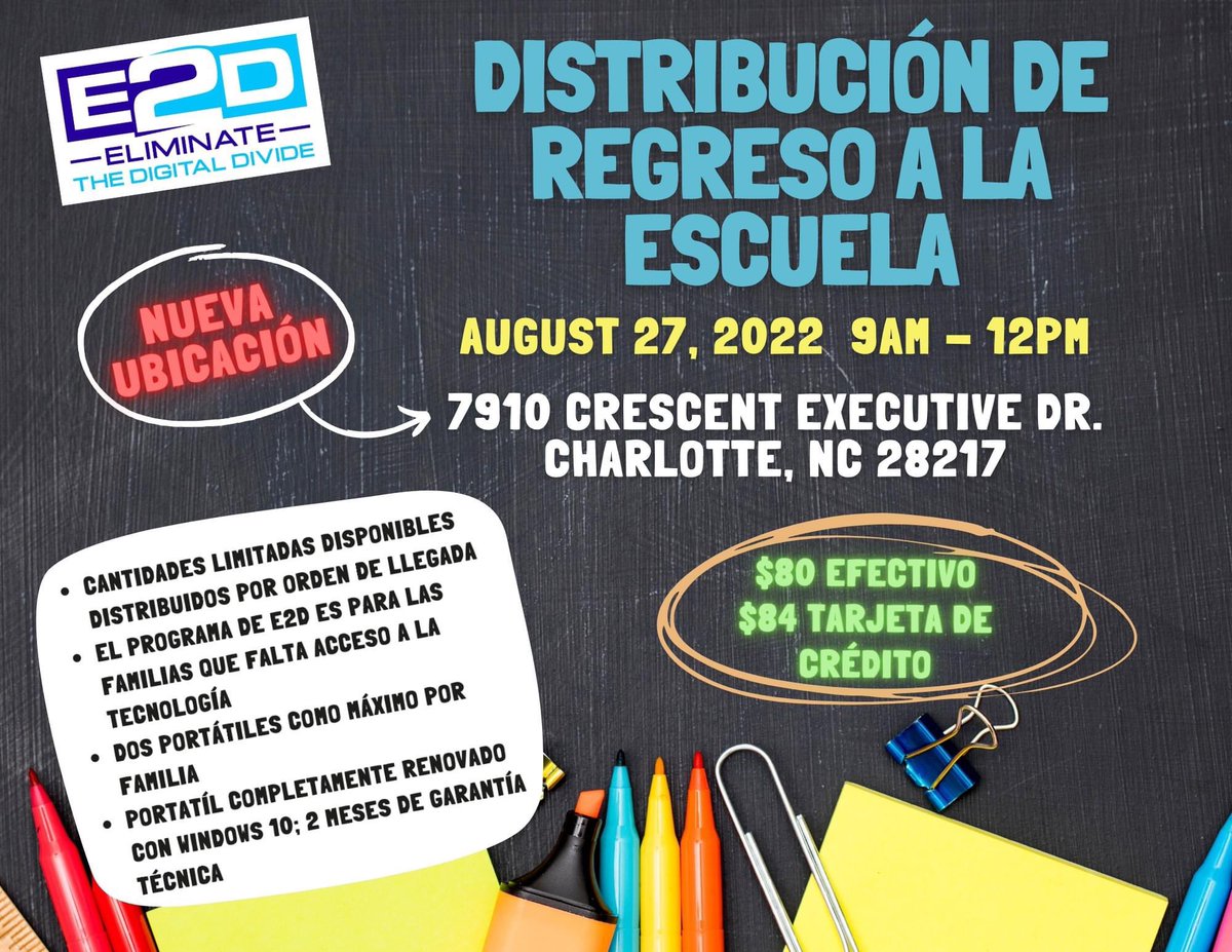 E2D &amp; <a href="/GetSpectrum/">Spectrum</a> want to make sure local students and their families can add a laptop to their back-to-school shopping list! 🍎🖍✏️📓

Join us August 27, 2022 from 9am-12pm at our NEW LOCATION! We accept cash and credit card payments. We WILL sell out so get there early!