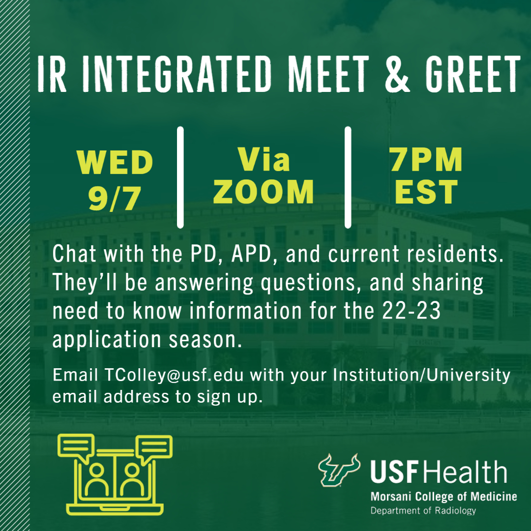 usfradiology's tweet photo. Hey #FutureRadRes📢we're hosting our first meet & greet just for #InterventionalRadiology Integrated! Join us for an evening of casual conversation & questions.
See flyer for details⬇️
@SIRspecialists
#MedTwitter #TwittIR #IRad #Match2023 #WHyUSF #Medstudenttwitter https://t.co/WAIYMbyKgq