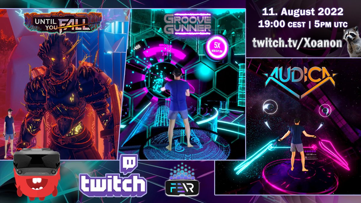 _Xoanon_'s tweet photo. In 30 minutes #VR #stream! Let's play #UntilYouFall (or Until I Fail?!), #GrooveGunner & #AUDICA!🎶
➡️ https://t.co/JrW81RRdK4 🦝
#VirtualReality @UntilYouFallVR @schellgames @GrooveGunner @bitcutter_devs #TwitchStreamers #SupportSmallStreamers @pulsoid_app @LIV #LIV #fevrtwt https://t.co/lgCJvSQLed