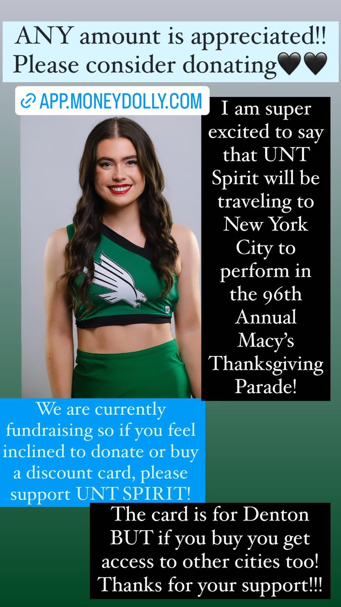 kacey_boston's tweet photo. UNT Spirit will be traveling to New York CIty to perform in the 96th Annual Macy’s Thanksgiving Parade!  We are currently fundraising so if you feel inclined to donate or buy a discount card, please support UNT SPIRIT! Any amount is appreciated!!
https://t.co/fWoXSIgOfn https://t.co/YE2wklvC3Y