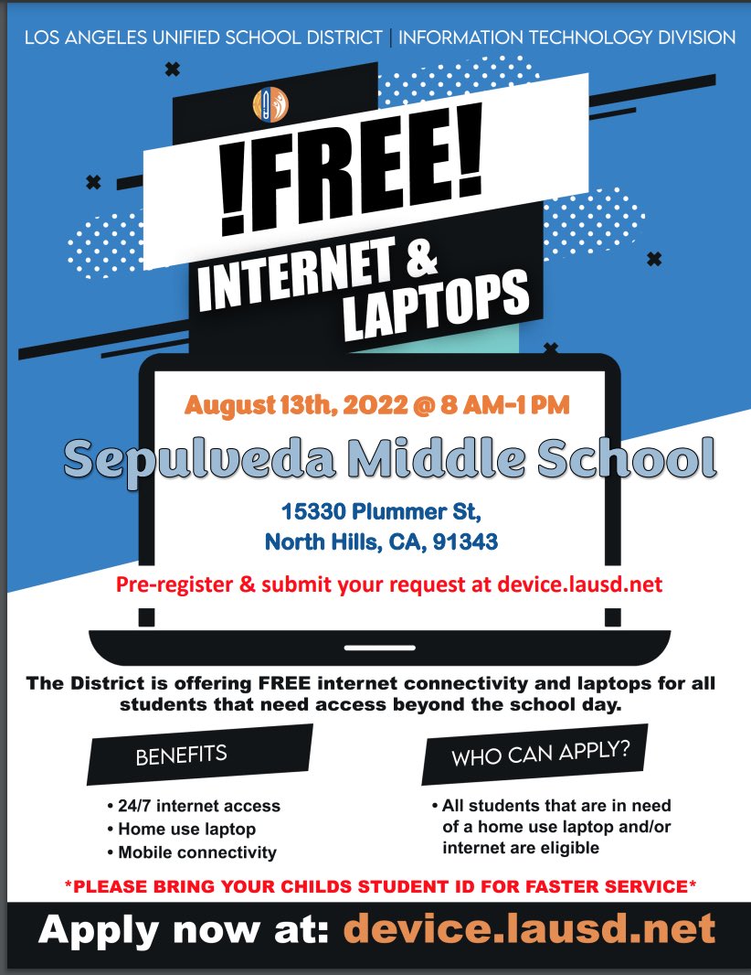 This Saturday. Go to device.LAUSD.net!!!
⁦<a href="/LAUSDSup/">Alberto M. Carvalho</a>⁩ 
⁦<a href="/LASchools/">Los Angeles Unified</a>⁩ 
⁦<a href="/LDNESchools/">LDNortheast-ARCHIVE</a>⁩