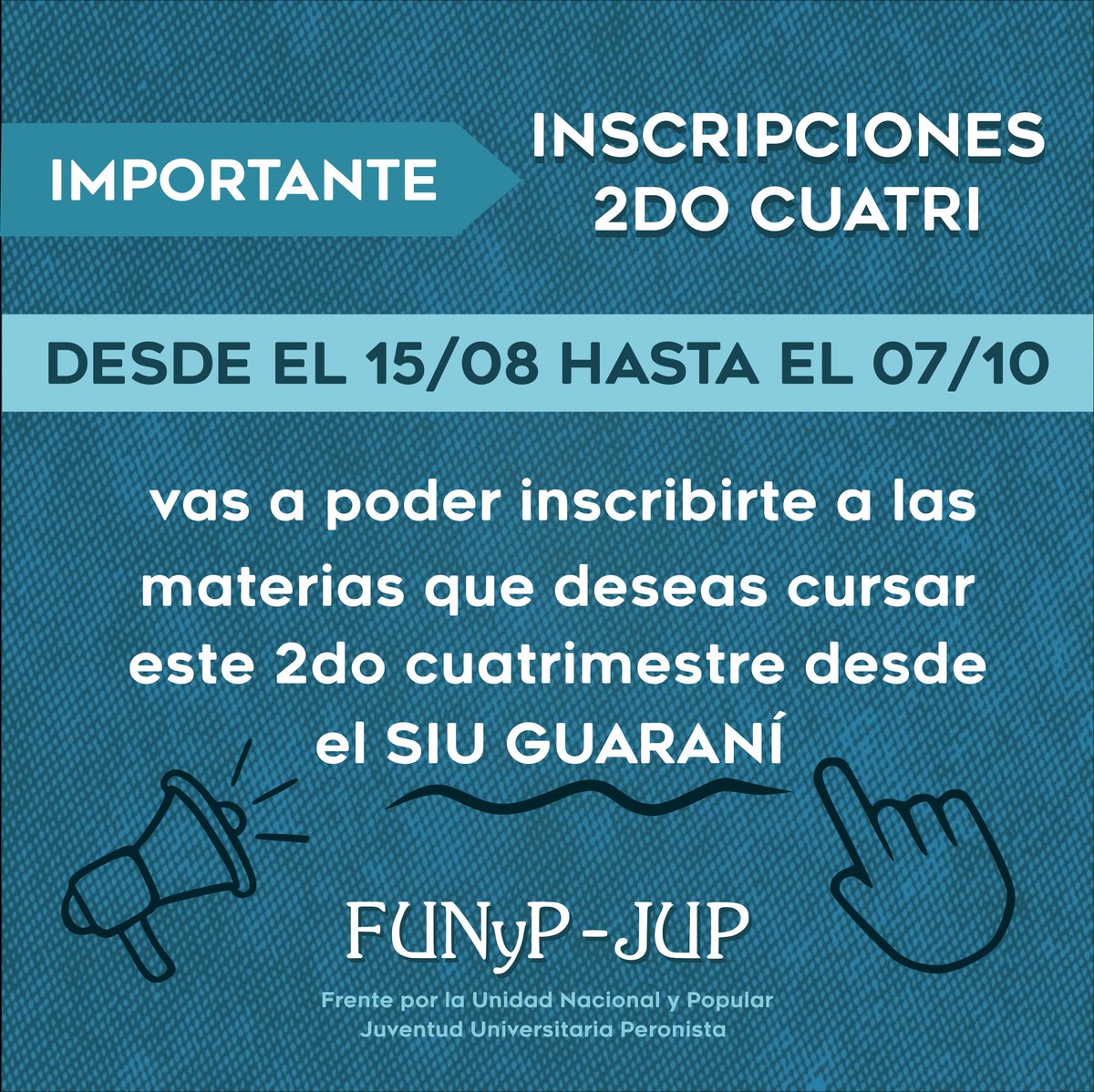 FUNyPUNSE's tweet photo. #IMPORTANTE Inscripciones al 2do cuatrimestre 📝
📌 Agendalo: Del 15/08 al 10/07 vas a poder inscribirte por el SIU GUARANÍ a las materias que vas a cursar este 2do cuatri‼️
A ponerse las pilas que ya arrancan las clases de nuevo✌🏼📚
#FUNYP #UNSE https://t.co/gtDcyHBzPc