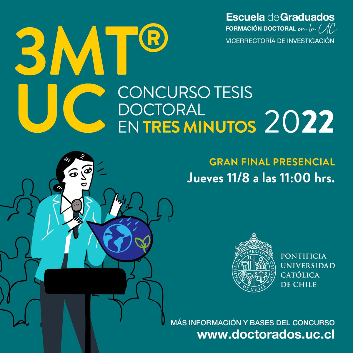 🎉 ¡Llegó el gran día! Este 11 de agosto a las 11:00 horas ven a <a href="/CentroinnovaUC/">Centro de Innovación UC</a> donde 10 de nuestros estudiantes de #DoctoradosUC compartirán en la final del Concurso Tesis en 3 Minutos (3MT®). Recuerda que el público elegirá a su candidato favorito 🤫👉🏾 bit.ly/3BVk5B4