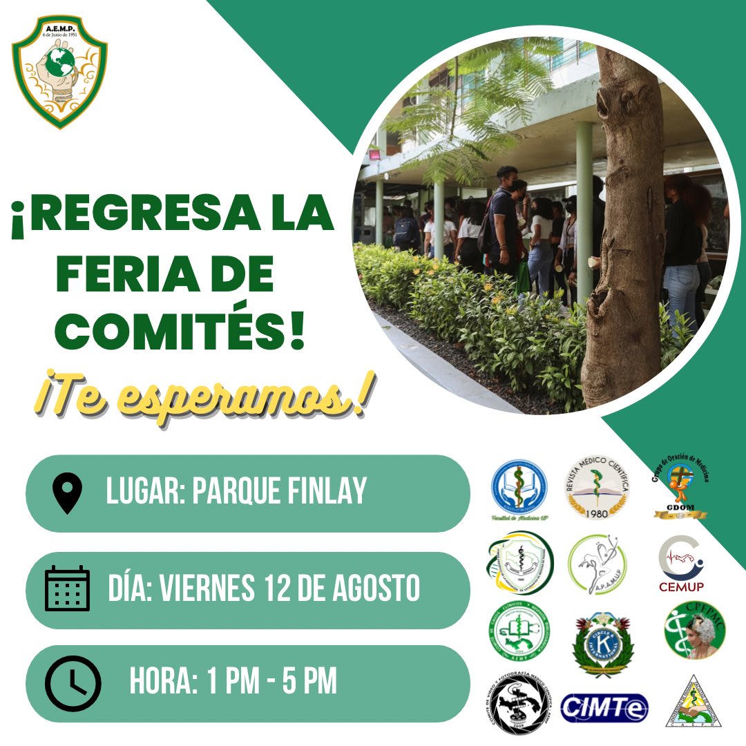 AEMP_UP's tweet photo. ✏️Feria de Comités AEMP📚
¿Te interesa conocer los diversos comités que tenemos en la facultad?
Regresa la Feria de Comités en su modalidad presencial este viernes 12 de agosto en el Parque Finlay🎉
¡No te la pierdas!
#AEMP #MEDUP #MedStudents https://t.co/mjK4L5zZQd