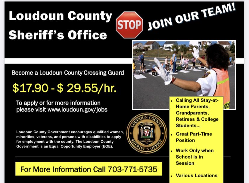 A number of schools (listed ⬇️) are without a crossing guard this year. Interested in applying/learning more? Call the number in the pic!

-Ashburn ES, Balls Bluff, Cool Spring, Creighton’s Corner, Guilford, Legacy, Meadowland, Pinebrook, Rolling Ridge, Seneca Ridge, and Tolbert