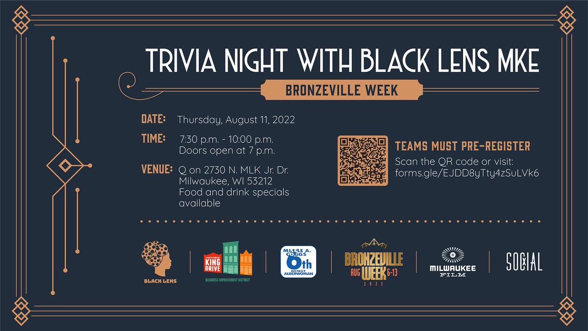 BlackLensMKE's tweet photo. Thursday, August 11 we bring trivia to The Q, located on the best King Drive in the nation! Come join the fun and celebrate Bronzeville Week with us and @KingDriveIs
#BlackLensMKE
#trivia
#MKEFilm
#BronzevilleWeek
#Milwaukee
RSVP HERE https://t.co/HpD8UmQtpC https://t.co/EnMrrqaYm7