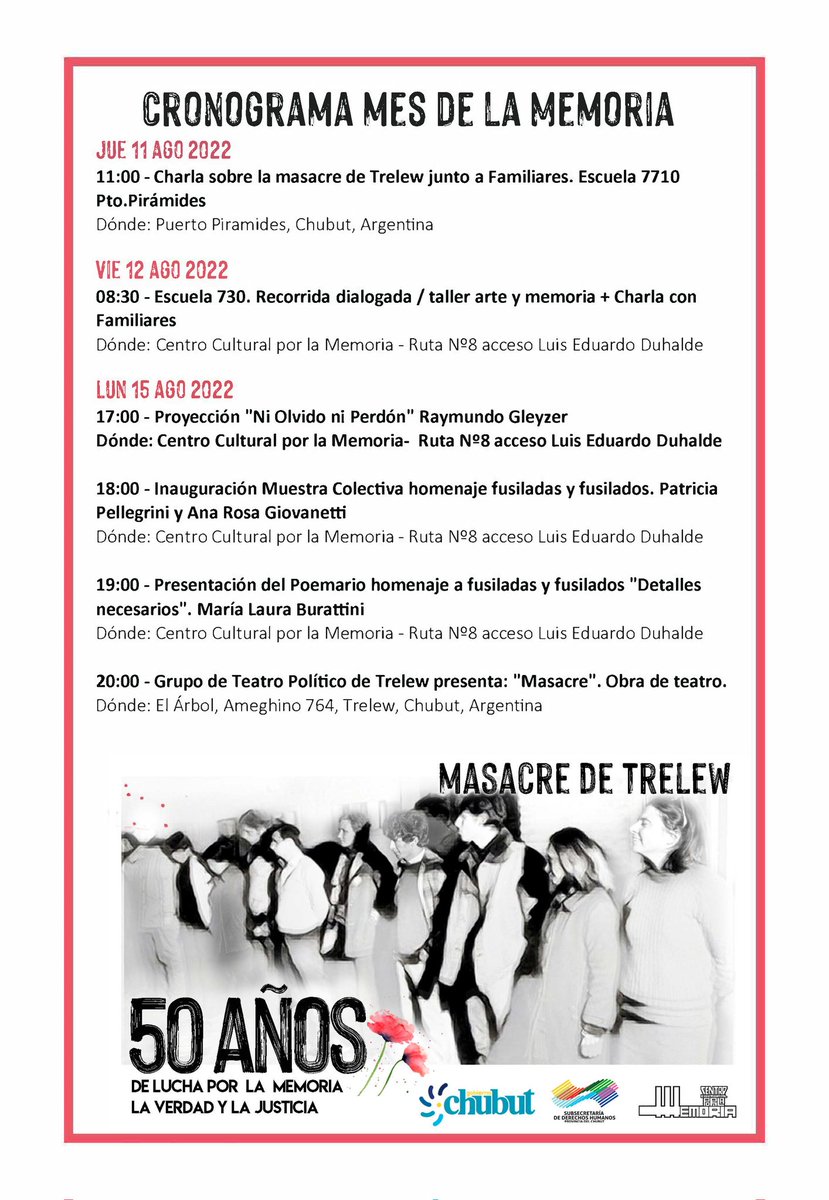 #50Aniversario de la #MasacreDeTrelew
CRONOGRAMA MES DE LA MEMORIA 📎
🔎 Podés conocer días y horarios de nuestra #agenda de #actividades
durante agosto y septiembre
