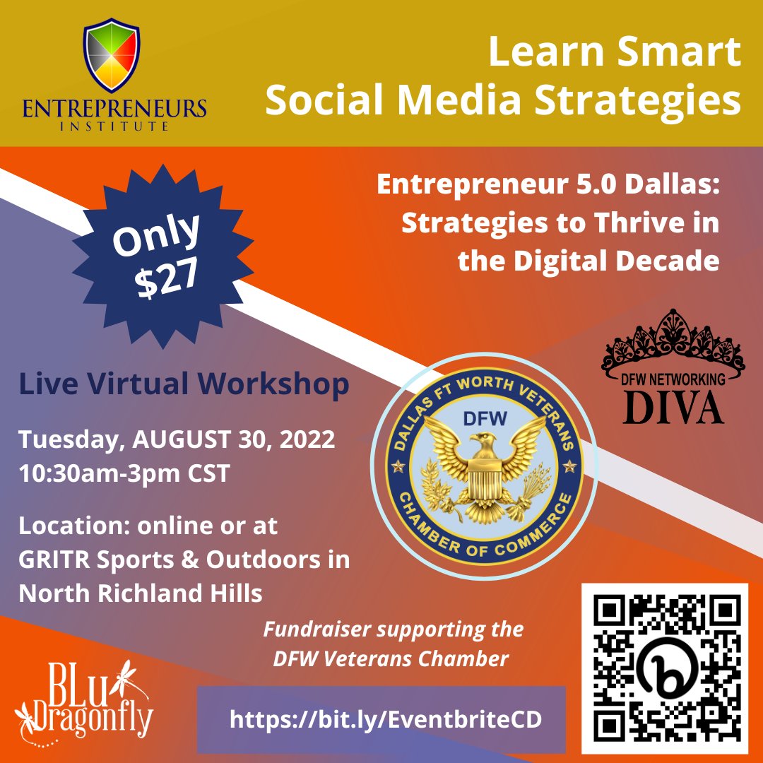 TheVetChamber's tweet photo. 🌟 Learn Smart Social Media Strategies 🌟  in this Live Virtual Workshop by Roger Hamilton and Entrepreneurs Institute on Tuesday, August 30, 2022 at 10:30am-3pm CST. Watch online or meet up in person at GRITR Sports &amp; Outdoors in North Richland https://t.co/YcJ0EsQIjH[...] https://t.co/fF1DhNtowU
