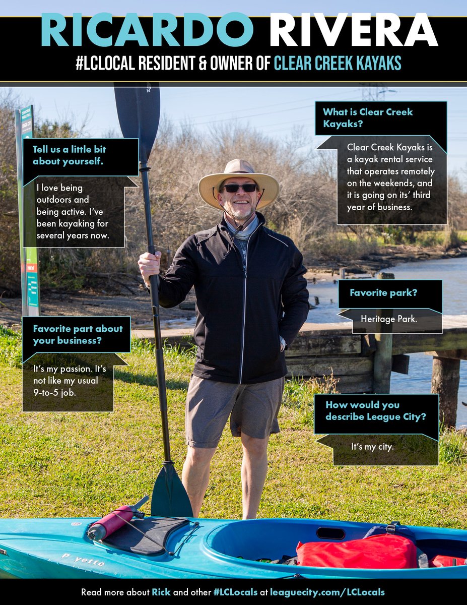 LeagueCityTX's tweet photo. We're reintroducing Rick Rivera, #LCLocal & owner of Clear Creek Kayaks! Rick enjoys being involved in the community, and will be at the Clear Creek Paddle Race giving discounted kayak rentals!
Read about Rick at https://t.co/qAVQFsysgU
For more race info: https://t.co/iKwBPZAFt7 https://t.co/fix3ibLnw1