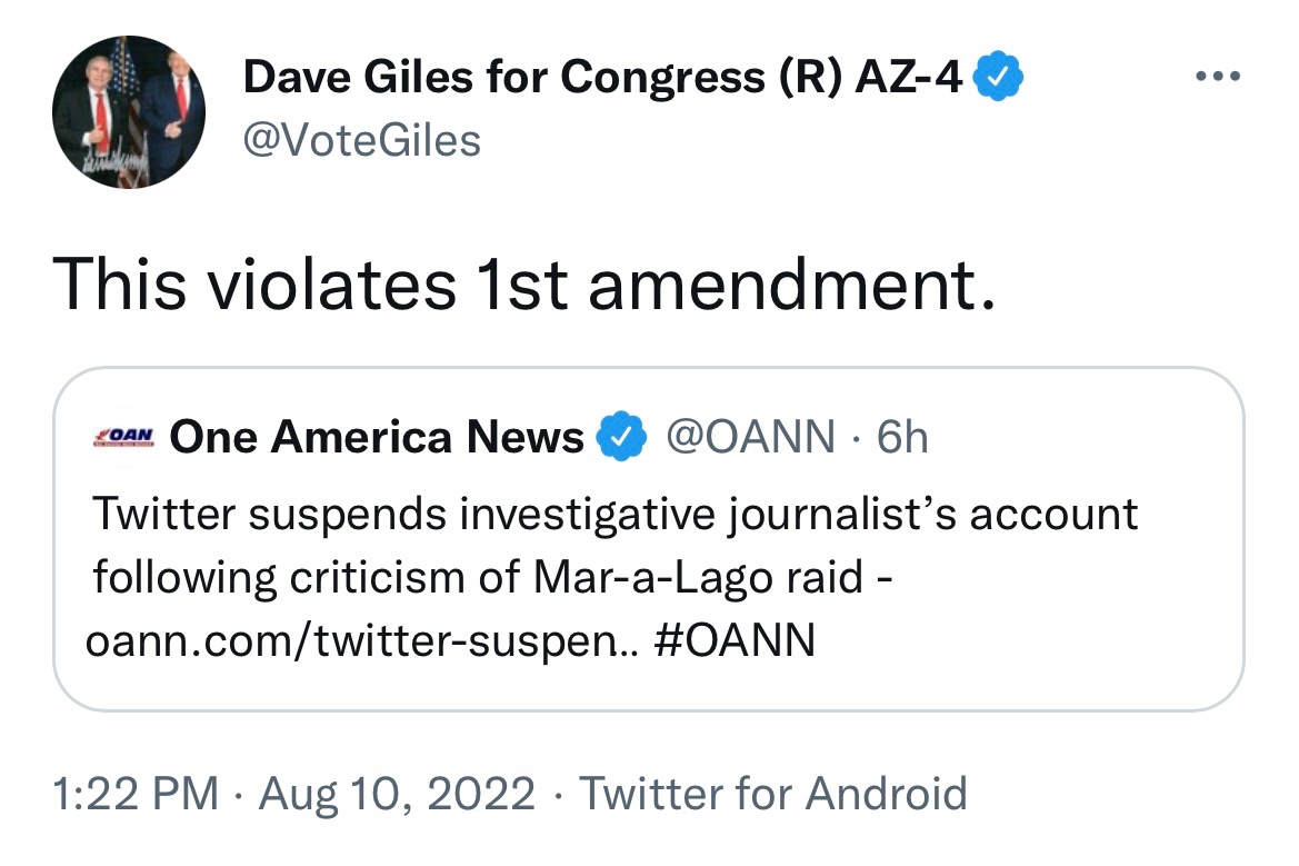USConst_Amend_I's tweet photo. I protect you from the government, not from Twitter. https://t.co/nworX3uQkw