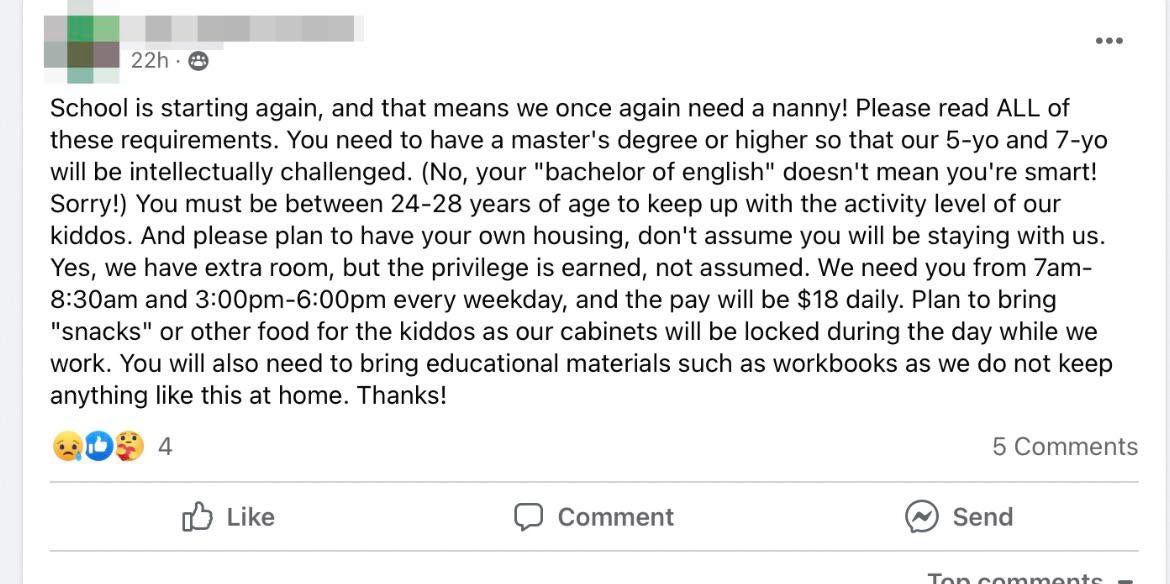 My favorite Facebook genre is parents posting unhinged nanny requirements