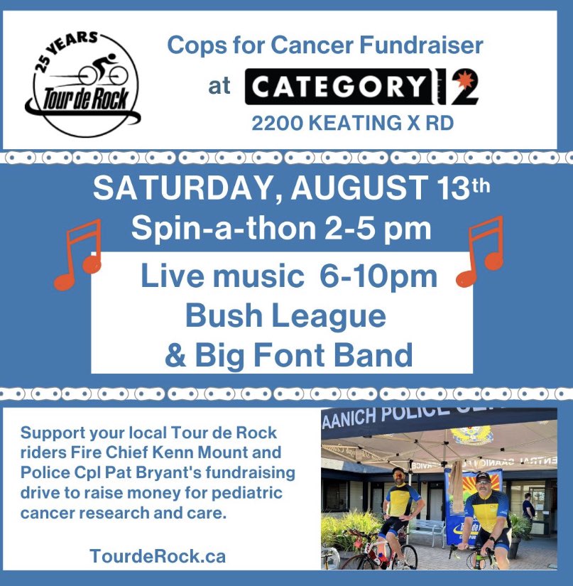 CSaanichFire's tweet image. Help support our @TourdeRock riders @firechiefonbike &amp;amp; Cpl Pat Bryant this Saturday, August 13th, at @C12beer. Cheer them on from 2-10pm Saturday! #CSaan #itsforthekids