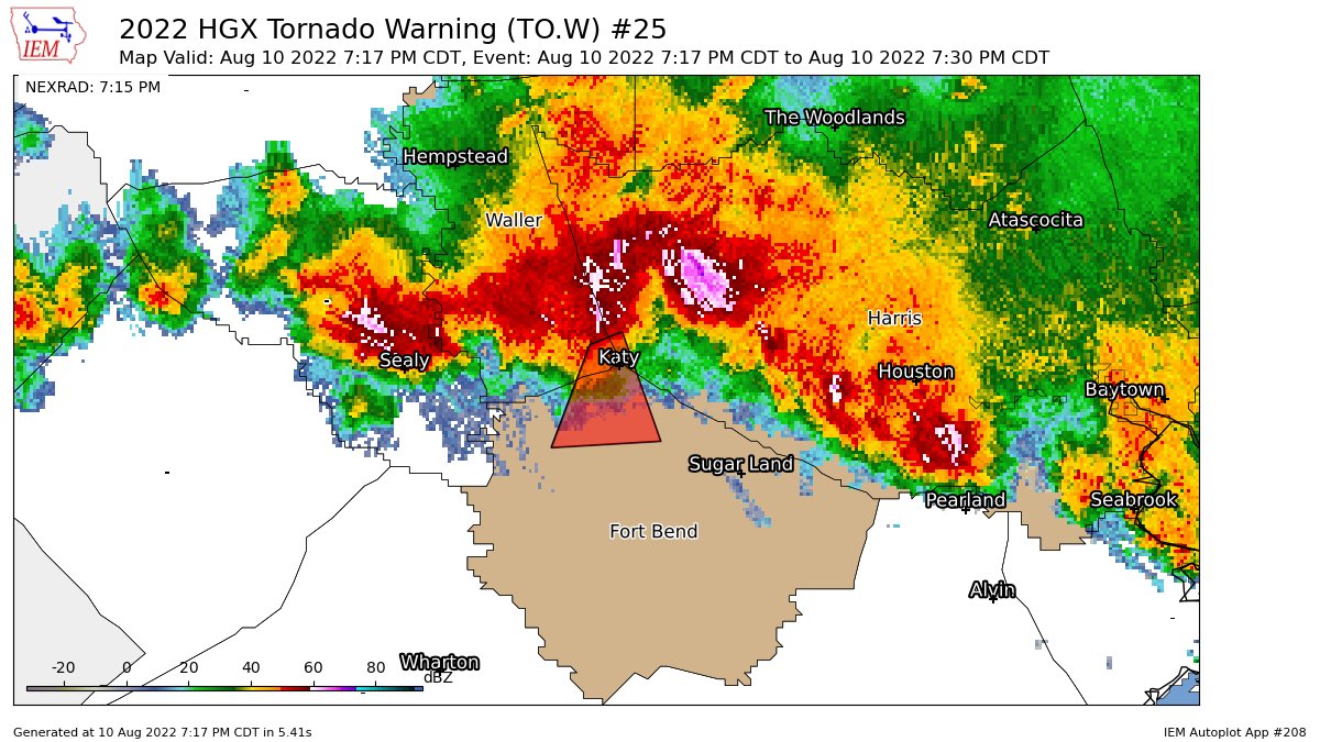 TxStormChasers's tweet photo. HGX issues Tornado Warning [tornado: RADAR INDICATED, hail: <.75 IN] for Fort Bend, Harris, Waller [TX] till 7:30 PM CDT https://t.co/MUfik4YXWF https://t.co/CXd7k4TOZr
