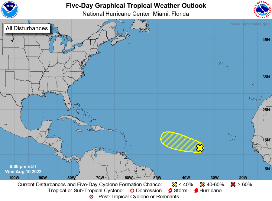 8 pm EDT Aug 10: Upper-level winds are expected to become increasingly unfavorable for development of a tropical wave located over the central Tropical Atlantic Ocean, and its formation chances are decreasing. For the latest outlook: hurricanes.gov