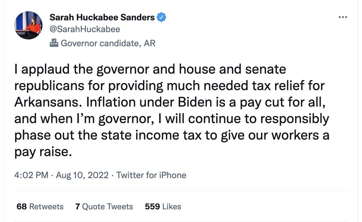 DefeatSarah's tweet photo. You know who needs a pay raise? Teachers. You know who needs tax relief? Middle and low-earning Arkansans.  

We can do so much better than #SarahSanders. 

#ARpx #DefeatSarah #SarahHuckabee https://t.co/63Om77SzFw