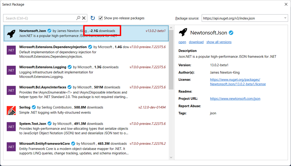 Negative 2 billion downloads in NuGet Package Explorer 😆

cc <a href="/NuGetPE/">NuGetPackageExplorer</a>