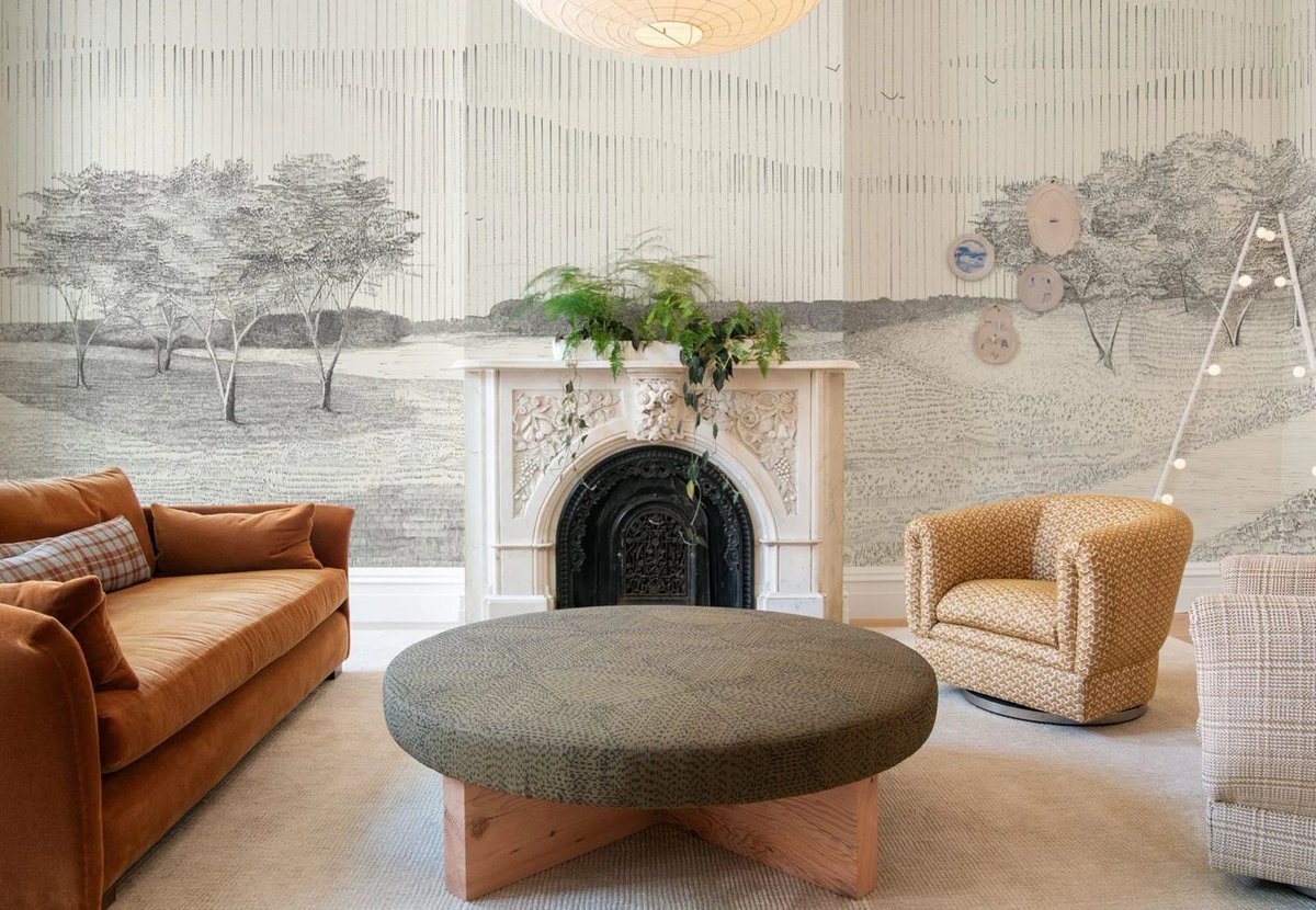 This two-tone mural uses sequences of lines to create a lush, rural landscape. And, with its impressive variety of color pallets to choose from, whether you’d like this landscape captured on a warm, summer’s day or during a cool, calming twilight.