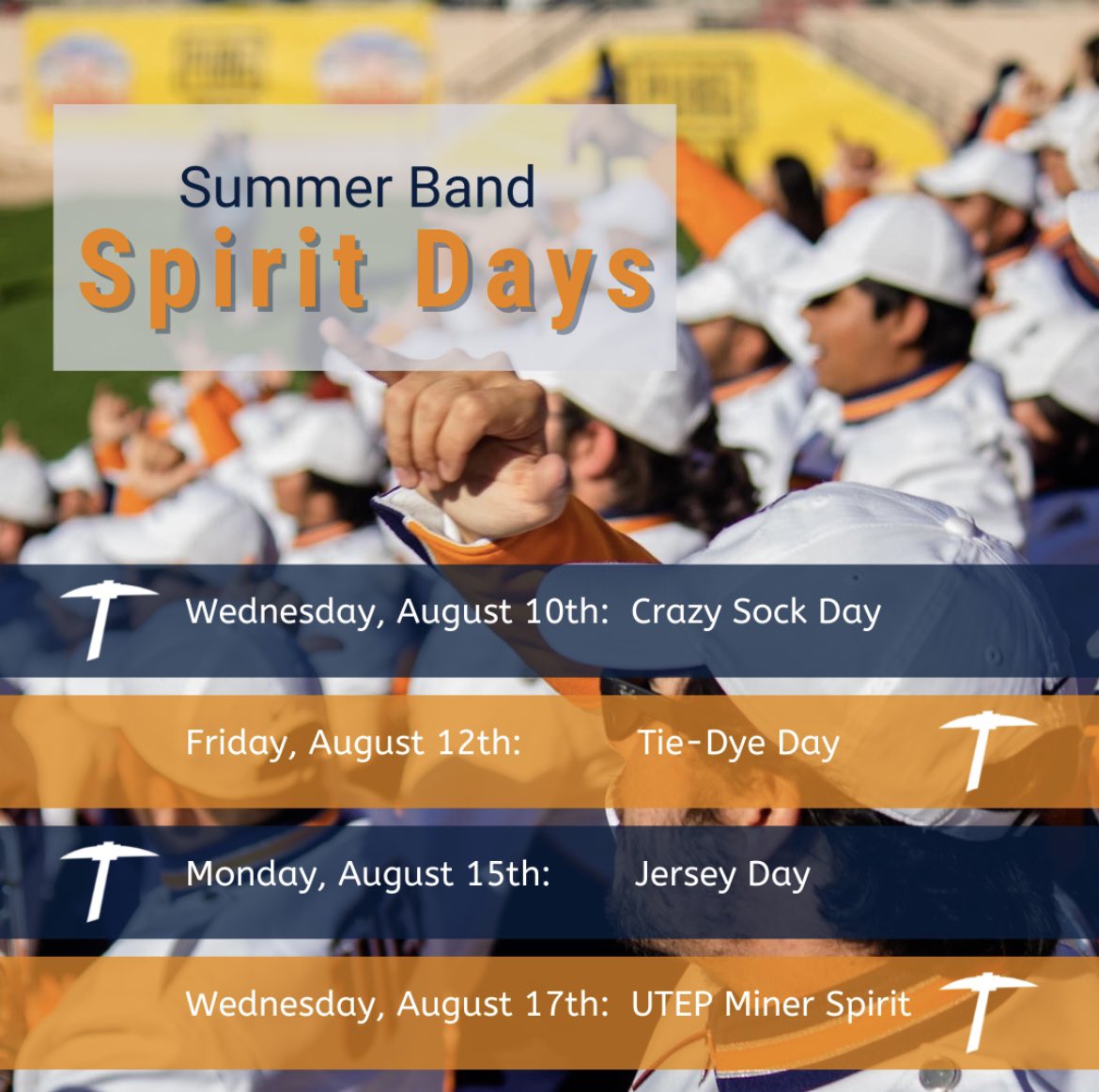 UTEPBands's tweet photo. ‼️ATTENTION MARCHING MINERS‼️ Join us for this year’s pre-season spirit days!! Make sure to go all out to be featured on our social media platforms! Can’t wait to see those beautiful smiles in tie-dye this Friday!! 🤙🏽💙🧡⛏⬆️😎 https://t.co/aWVZqVGfPn