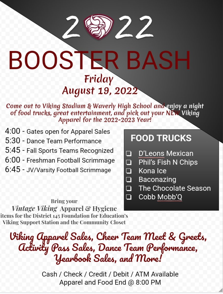 Join your Viking Booster Club on Friday, August 19th for Booster Bash 2022! Football scrimmages and 6 food trucks! #thevikelife