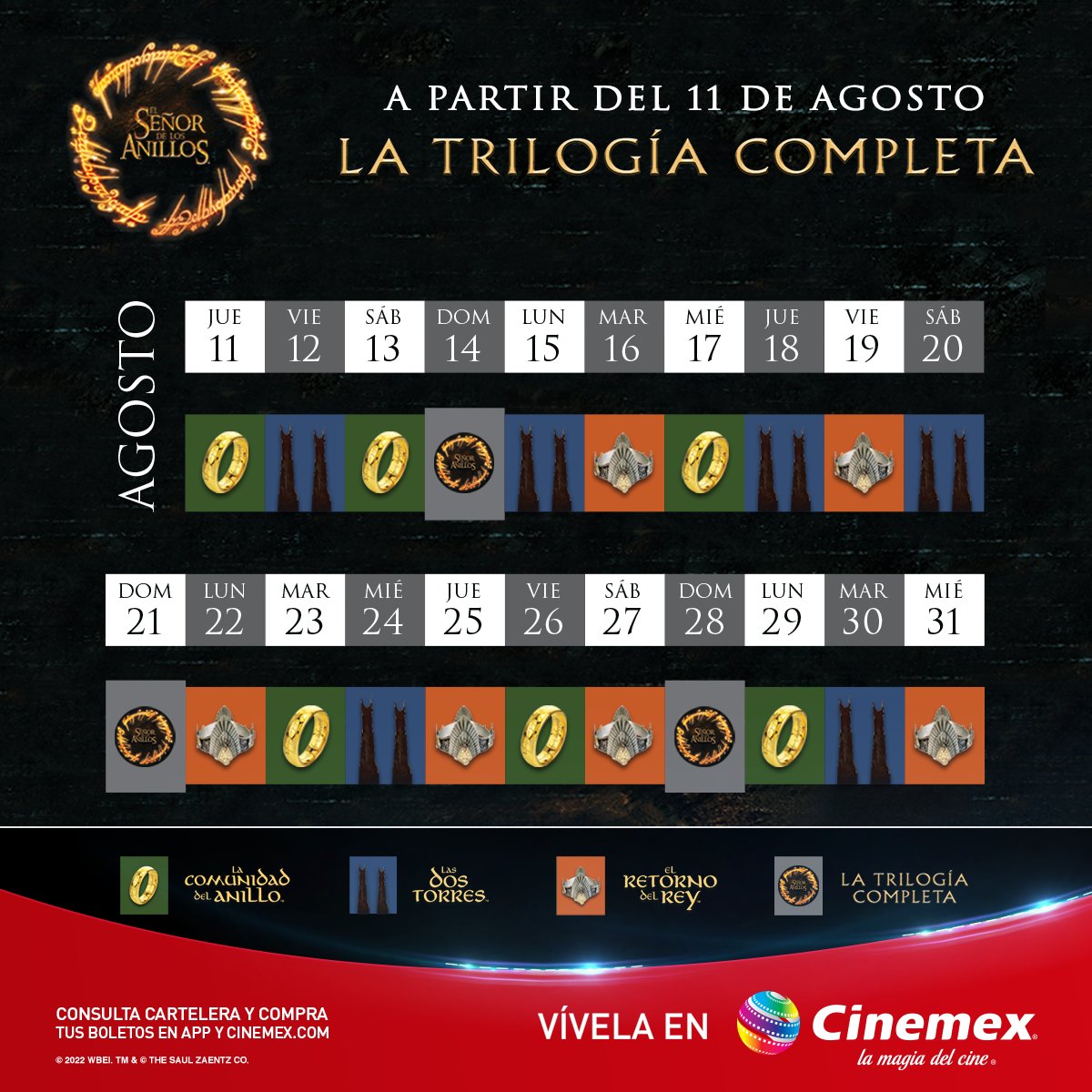 Cinemex's tweet photo. Es momento de transportarnos a la Tierra Media para combatir al ejército de Sauron y destruir el anillo.
Compra tus entradas para #ElSeñorDeLosAnillos, pide tus boletos coleccionables en taquilla y no olvides incluir los épicos vasos en tus combo: https://t.co/uXWfurAnVk https://t.co/W3rRQMqq3Y