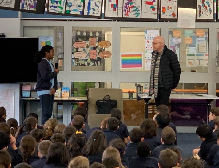 StMarysRydalLib's tweet photo. What a great morning we had @StMarysRydal with our visitor, Morris Gleitzman. He revealed to us the secret to never getting 'stuck' as a writer and inspired our budding authors with his wit and enthusiasm. #cedplibraries @CatholicEdParra @MorrisGleitzman https://t.co/NmkKmmtLPJ