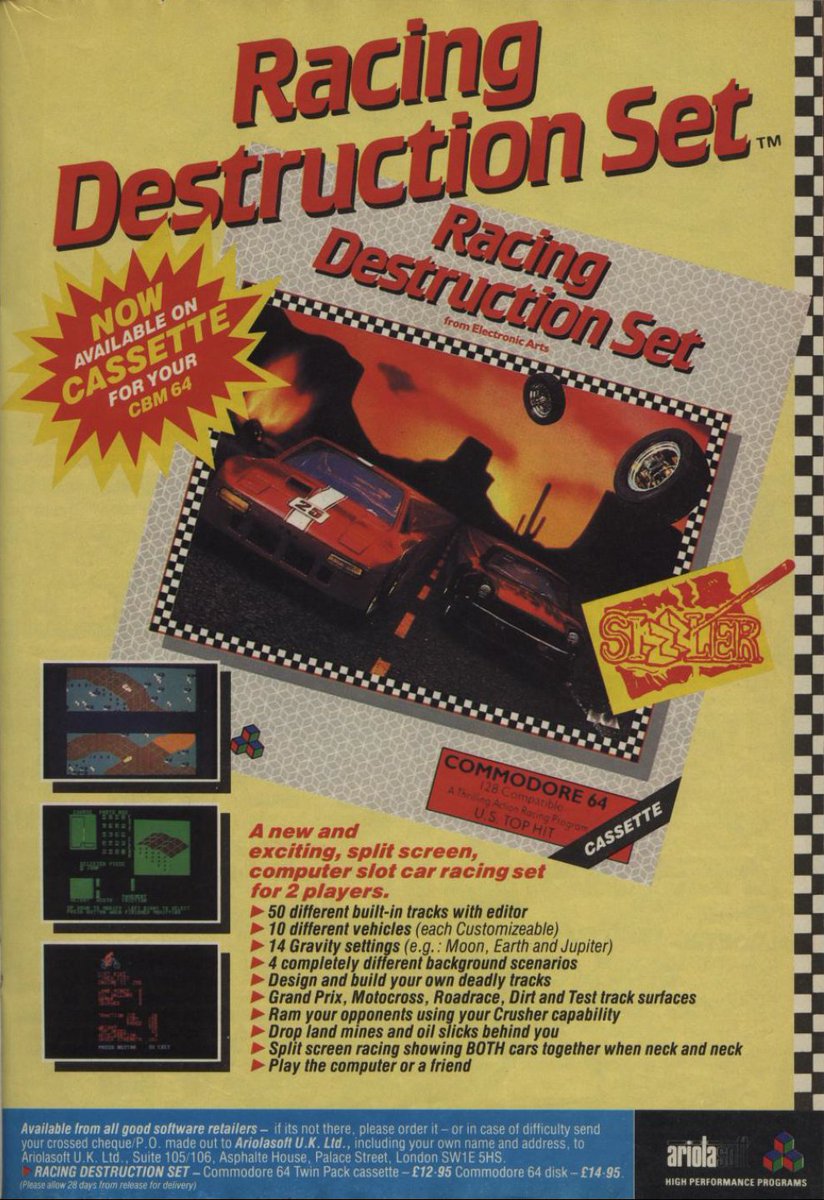TakodanTweets's tweet photo. 1985 advert for another one of those really great games. 'Racing Destruction Set' was release by #Ariolasoft on #Commodore #C64 https://t.co/CWArJtiIJ8