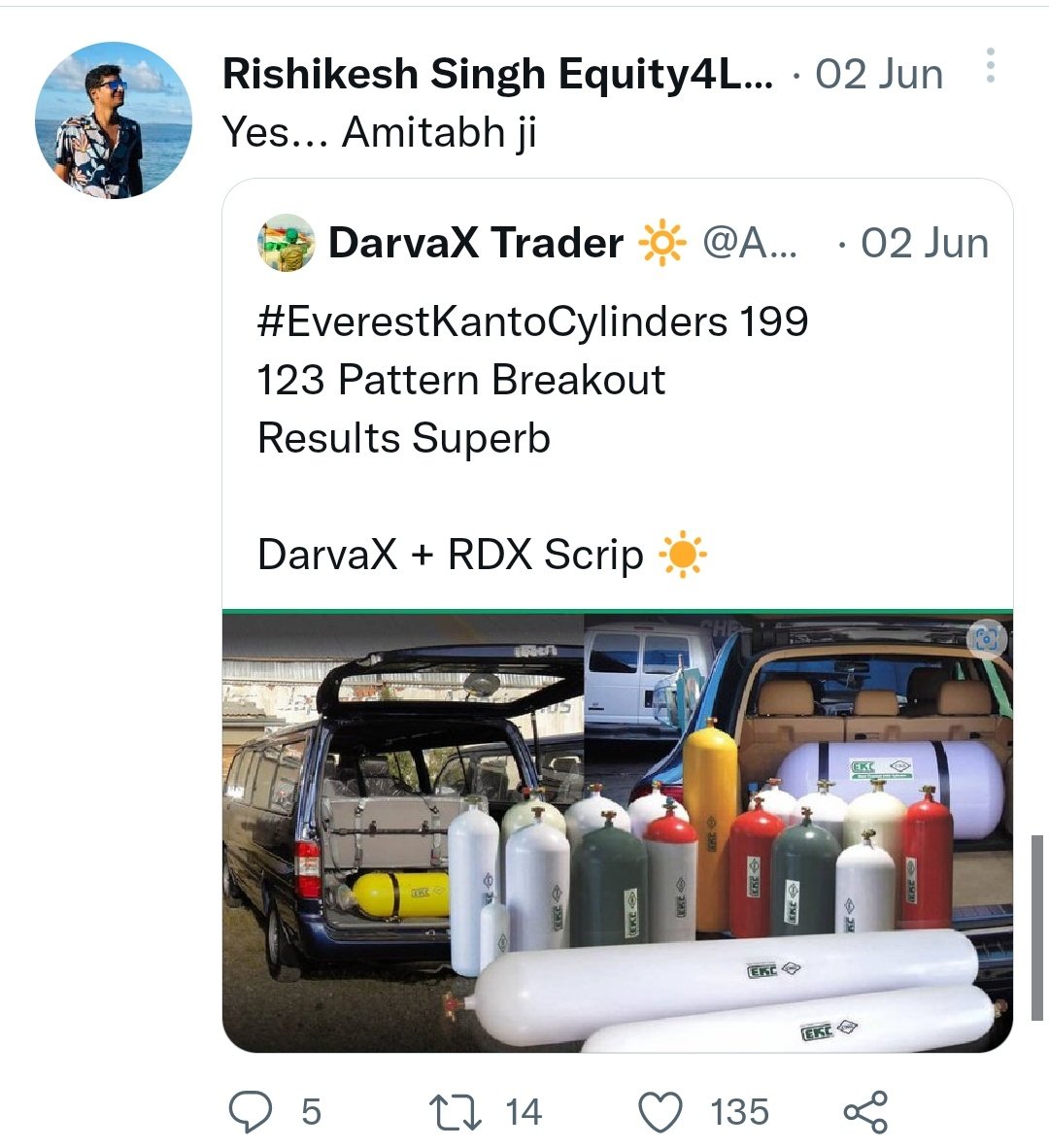 HyderabadiChic3's tweet photo. #EverestKantoCylinders 199 Pattern Breakout. Superb Results.
Darvax+RDX scrip.
#Fraud4Life : Yes Ji
#Followers : Are kare kya?
#Jha2 : Buy Trigger hi nhi hua. Do t ask silly Questions
#Investing https://t.co/UnfC8sfDMG